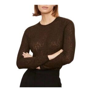 Vince Jacquard Crewneck Lace Top Large Brown Wool Blend Long Sleeve Fitted NWT